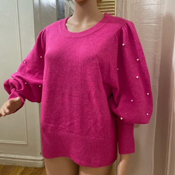 CeCe Sweaters - CeCe Fuchsia Sweater with Pearl Details